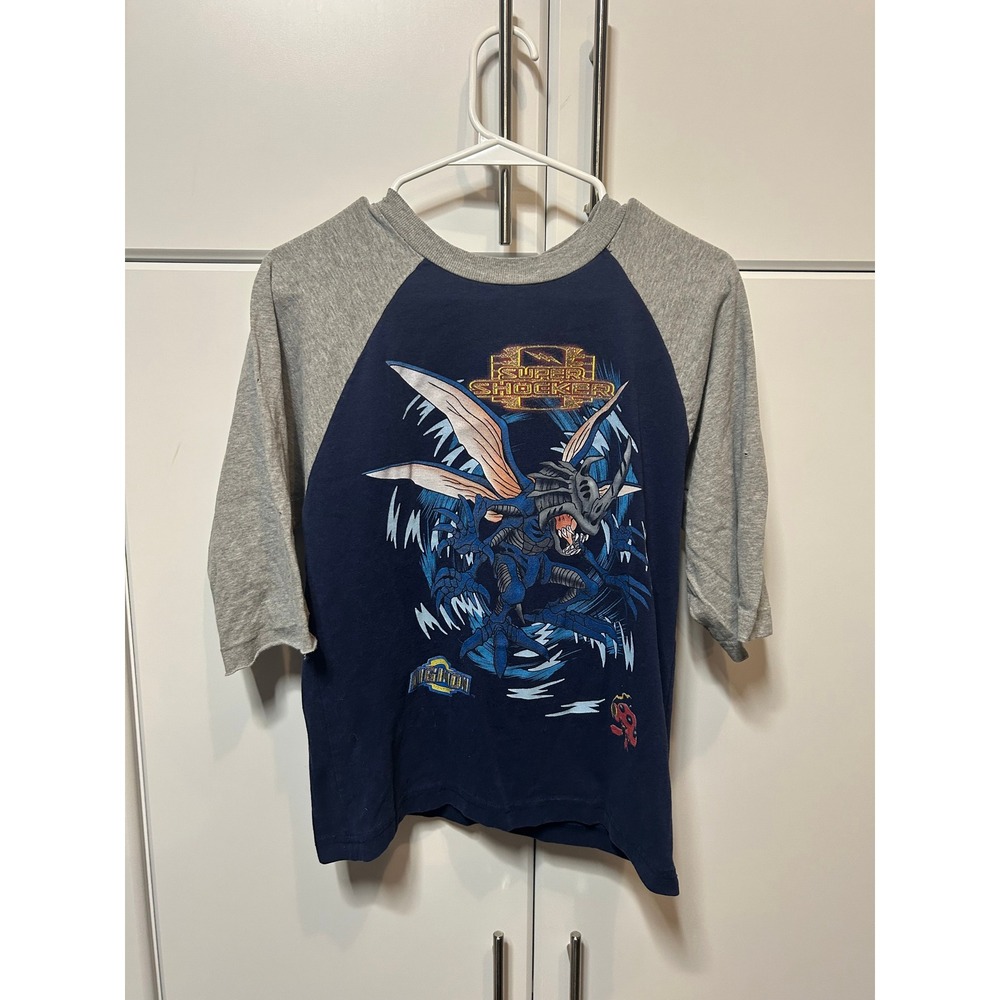 Vintage Digimon Super Shocker Kabuterimon Raglan Shirt Navy Grey 3/4 Sleeve Tee
